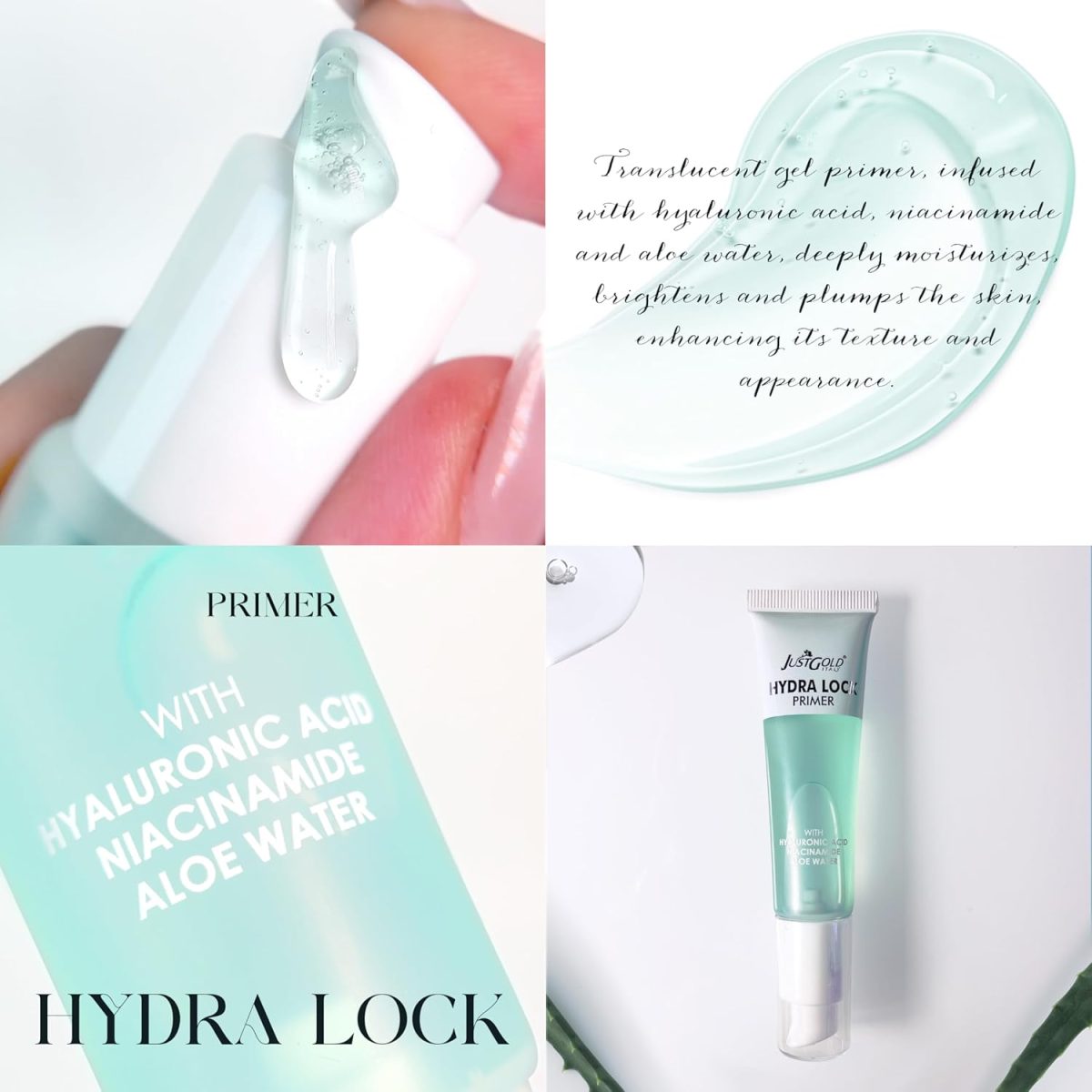 Justgold Hydra Lock Primer with Hyaluronic Acid, Niacinamide and Aloe Water, Gel-Based & Hydrating Face Primer, Skin & Brightens, Grips Makeup Primer - Image 4