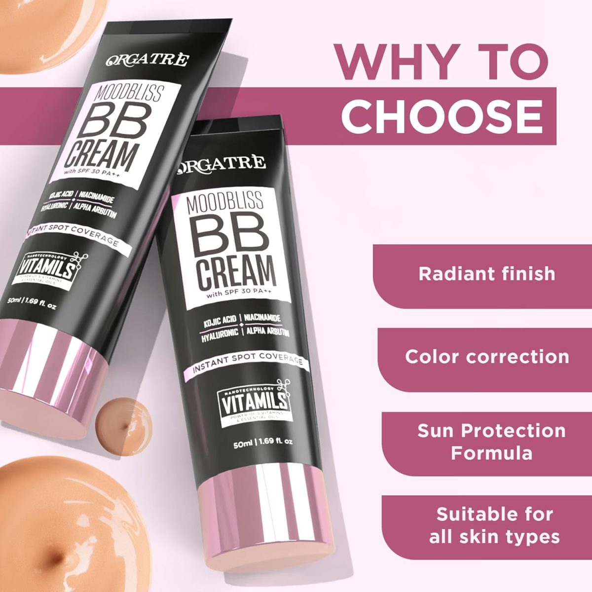 ORGATRE MoodBliss BB Cream 50gm | Instant Spot Coverage with SPF 30 PA++ | Light Makeup Glow for All Skin Types | Kojic Acid & Niacinamide - Image 4