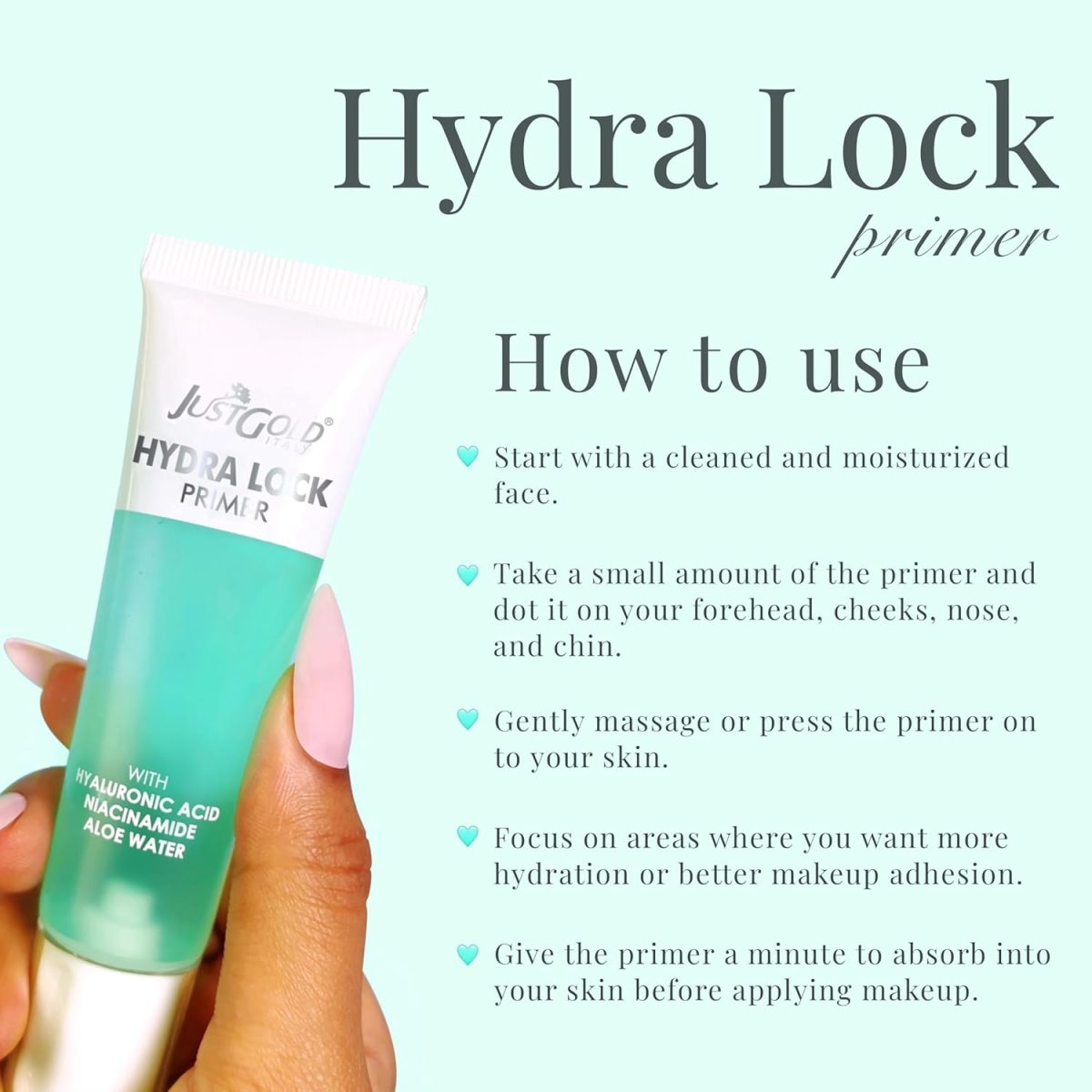 Justgold Hydra Lock Primer with Hyaluronic Acid, Niacinamide and Aloe Water, Gel-Based & Hydrating Face Primer, Skin & Brightens, Grips Makeup Primer - Image 6