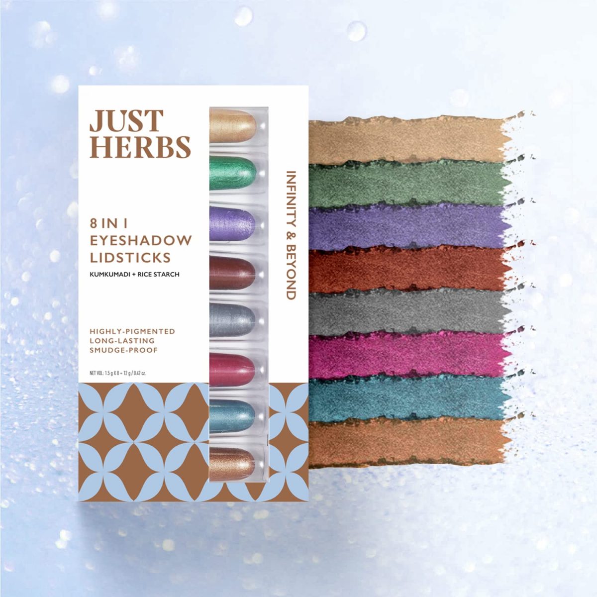 Just herbs 8 in 1 Herbal Metallic-shimmer finish, Long Lasting & Ultra Smooth Eye Shadow Lidsticks with Kumkumadi - 12gm - Image 2