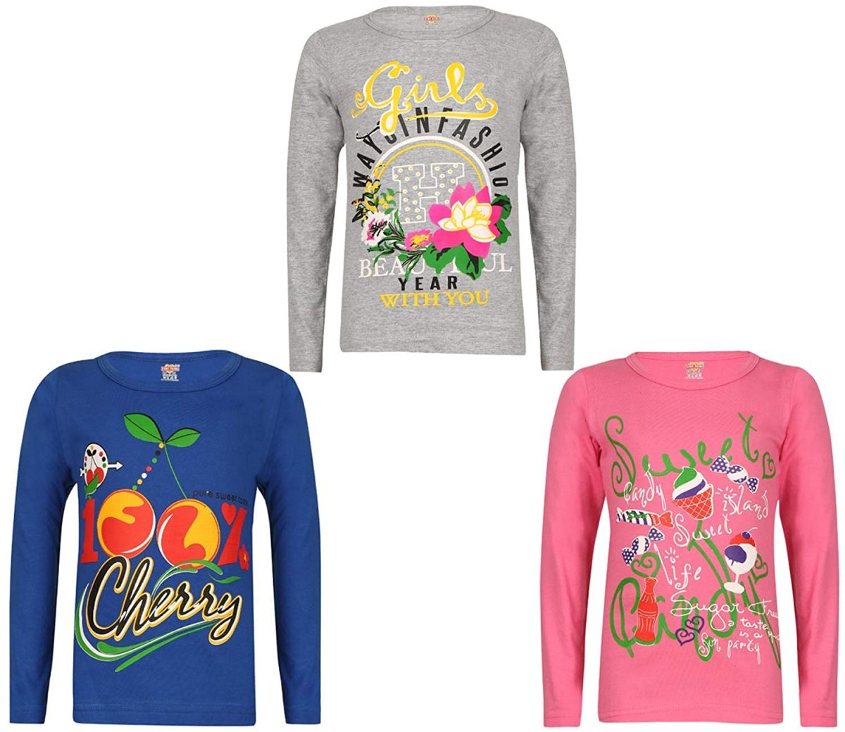 SINI MINI Sinimini Girls Full Sleeve Cotton Round Neck Tshirt with bio wash (Pack of 3).