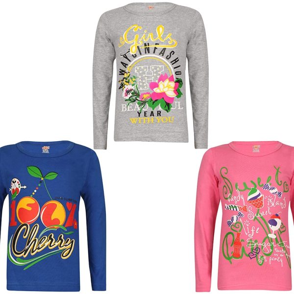 SINI MINI Sinimini Girls Full Sleeve Cotton Round Neck Tshirt with bio wash (Pack of 3).