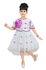 Chandrika Girls midi Knee Length White and Purple Flower Sleeveless Party Dress