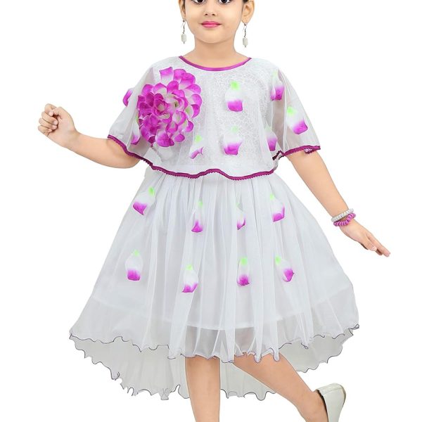 Chandrika Girls midi Knee Length White and Purple Flower Sleeveless Party Dress