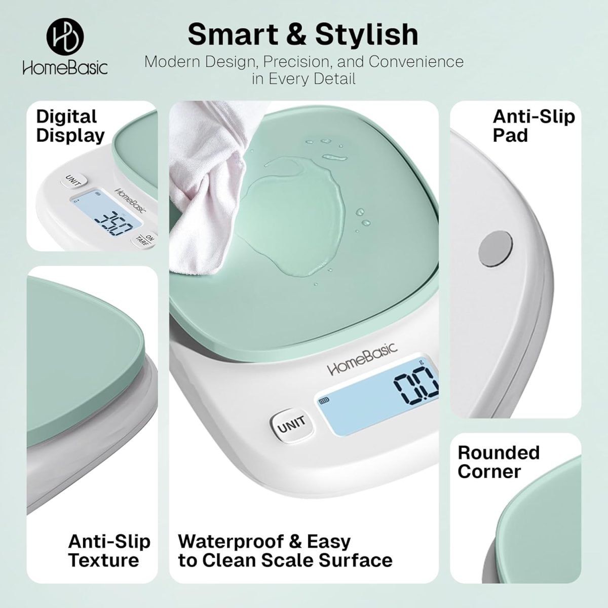 HOMEBASIC Digital Kitchen Weighing Scale 5Kg, High-Precision 0.1g Accuracy | LCD Display, Tare Function, Multi-Units (g, oz, lb, ml) Portable Weight Machine Food Scale for Cooking Baking Diet (Green) - Image 4