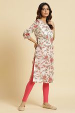 W for Woman Women's Cotton Relaxed Fit Casual Ecru Kota Kurta with Floral Print - Image 5