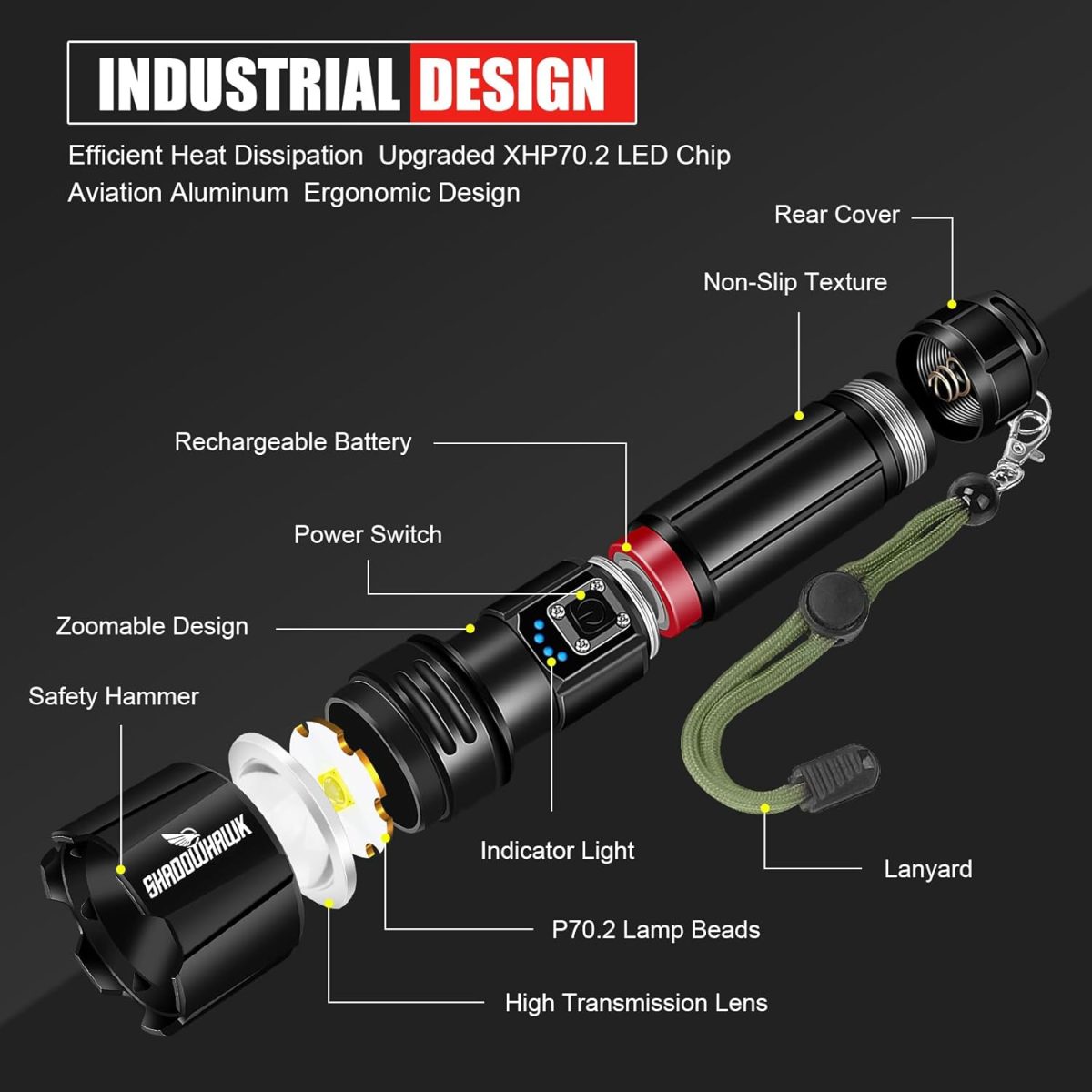 Shadowhawk Flash Light Led Torch, 20000 Lumens Flashlight Bright Light Torch, XHP70.2 Hand Torch Light Rechargeable USB Tactical, Waterproof Portable Torch Light for Trekking Hunting Emergency - Image 7
