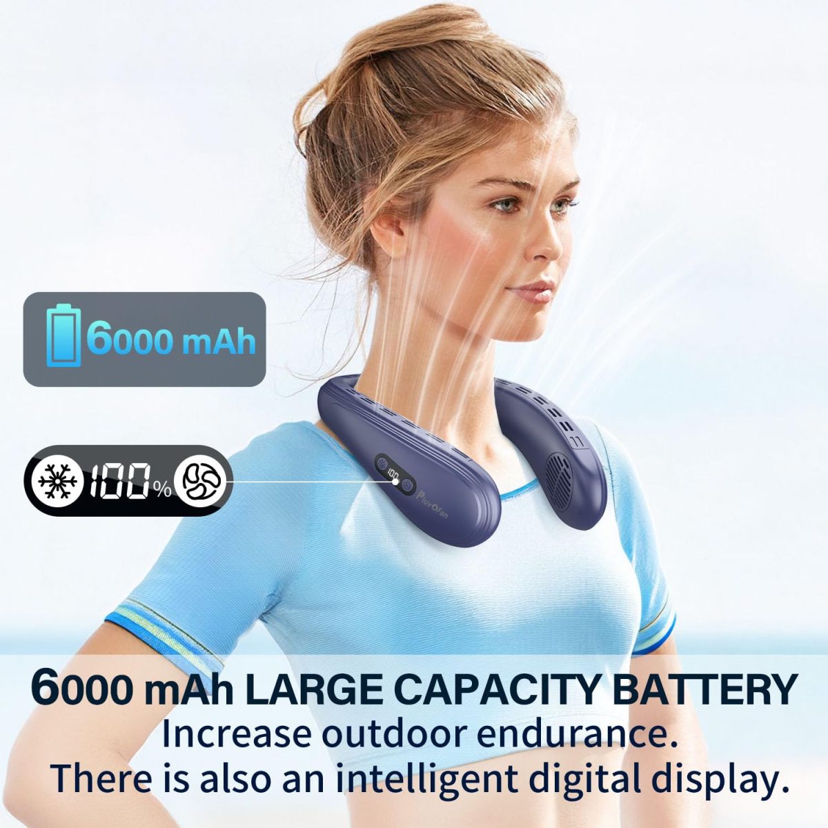 PluvoFan Neck Fan Back-Windy 6000mAh with Cooling Plate Bladeless Portable Quiet Air Conditioner Rechargeable Camping Essentials for Women Men Outdoor Activities Gardening Walking the Dogs(Royal Blue) - Image 5