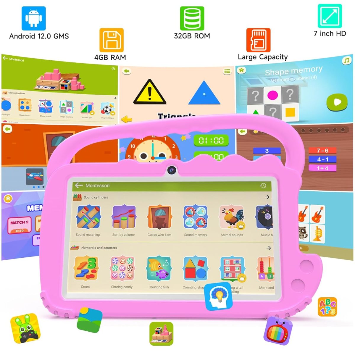 YQSAVIOR Kids Tablet, 7 Inch 4GB RAM | Android 12 | 32GB ROM | Bluetooth, IPS Screen, Parental Control, Dual Camera, Shockproof Case | Educational Gaming, Pink Case - Image 4