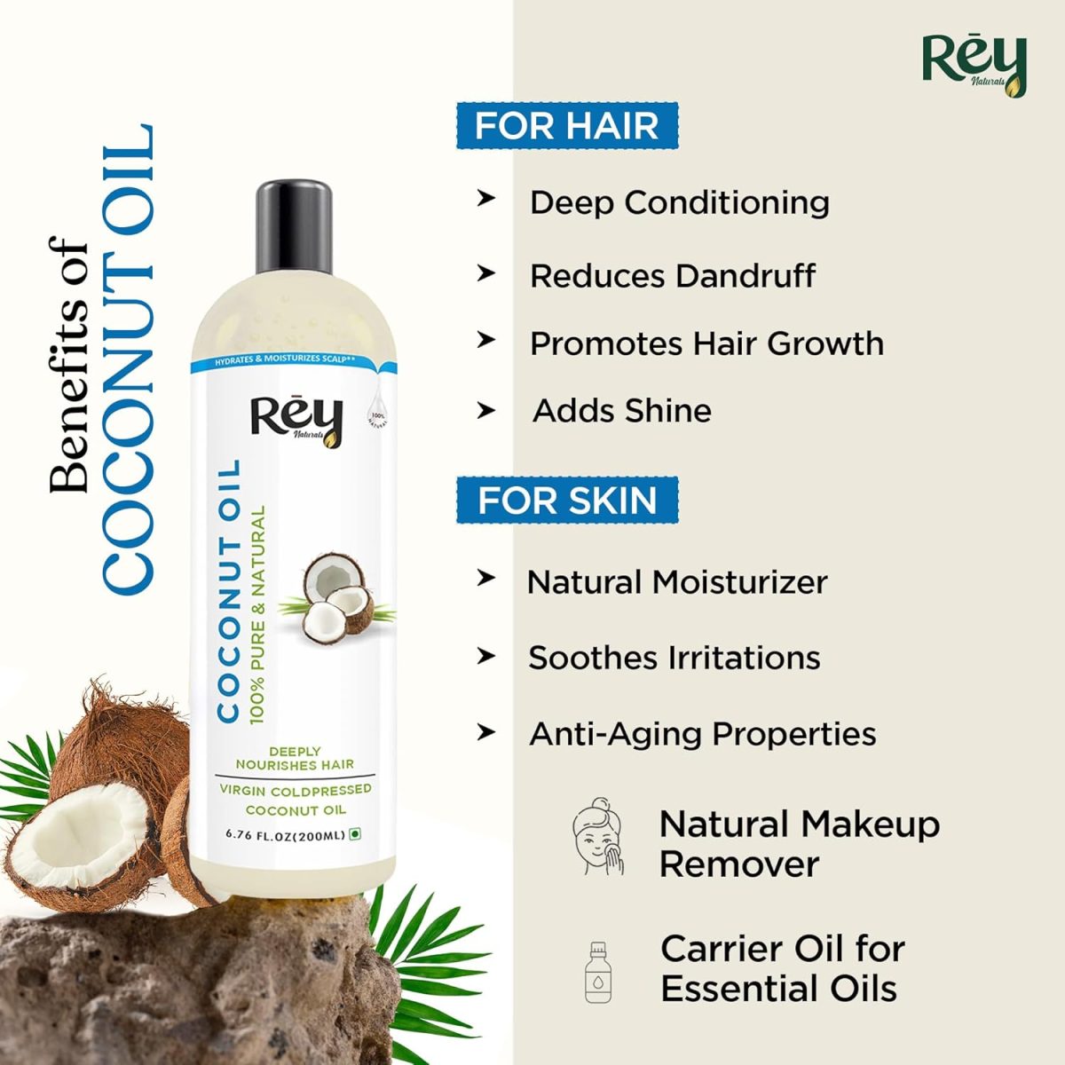 Rey Naturals Cold Pressed Castor Oil & Virgin Coconut Oil For Hair Growth - 200ml×2 | Coconut Oil For Skin Care | Castor Oil For Skin, Eyelashes & Eyebrows | Non Comedogenic Hair Oil For Hair Growth - Image 3