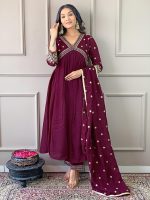 Naixa Women's Vichitra Silk Embroidered A-Line Kurta with Pant and Dupatta Sets for Wedding Party and Festival Wear (NX3_442-Wine-L) - Image 7