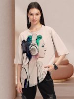 HELLCAT Beige Trendy Printed Oversized T-Shirt for Women - Image 2