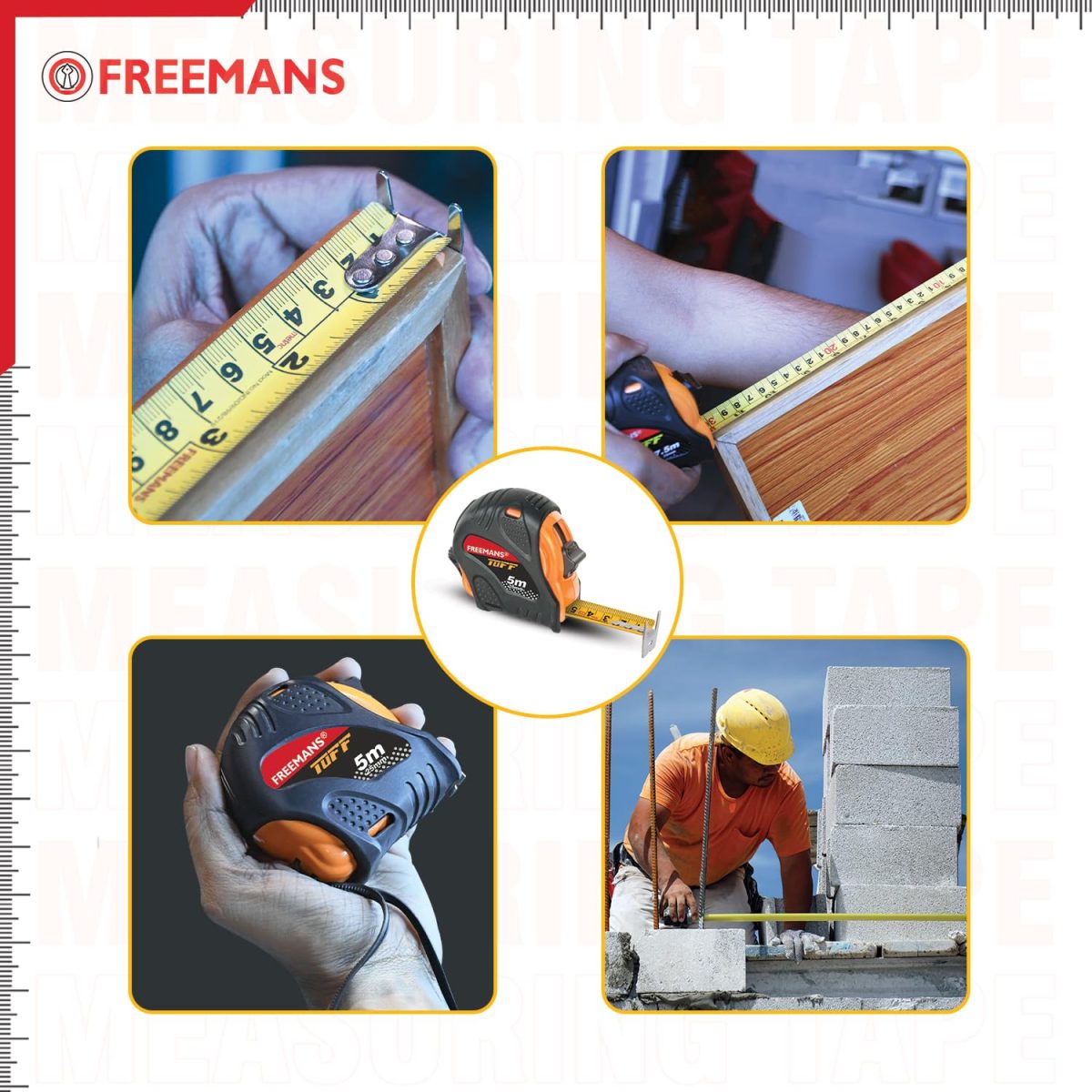 FREEMANS TUFF 5m:25mm Steel Inchi Measuring Tape - 5m with a Non Slip Rubber Covered ABS case || Double Side Printing || Click Action Front Lock and Belt Clip - Image 6