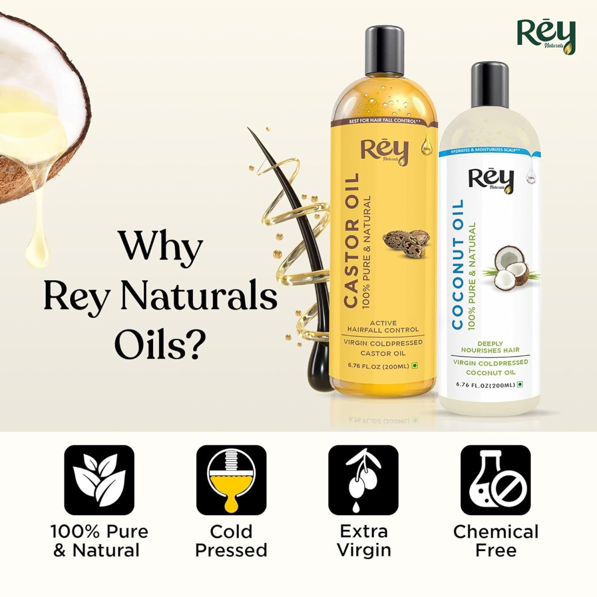 Rey Naturals Cold Pressed Castor Oil & Virgin Coconut Oil For Hair Growth - 200ml×2 | Coconut Oil For Skin Care | Castor Oil For Skin, Eyelashes & Eyebrows | Non Comedogenic Hair Oil For Hair Growth - Image 2