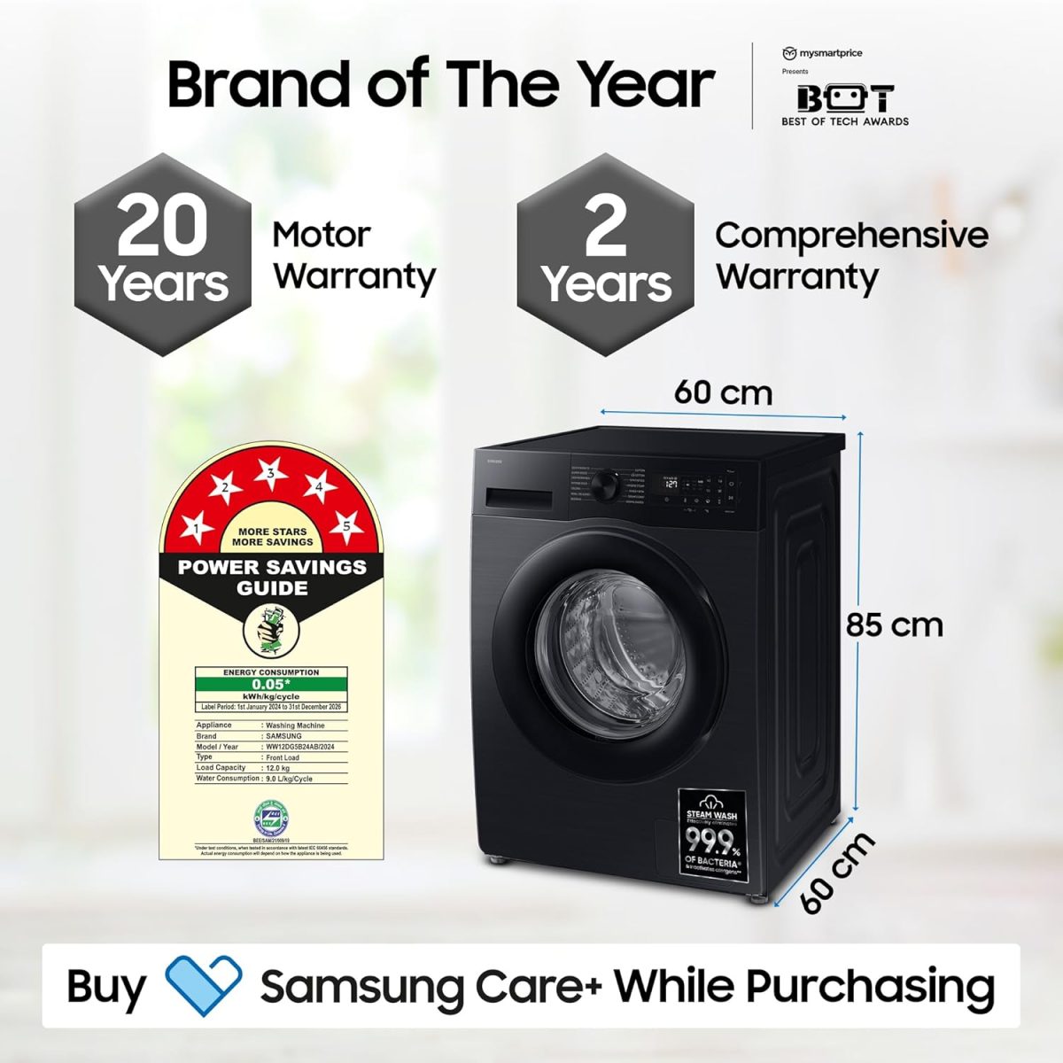 Samsung 12 kg, 5 Star, Super Speed, Wi-Fi, Hygiene Steam with Inbuilt Heater, Digital Inverter, Fully-Automatic Front Load Washing Machine (WW12DG5B24ABTL, Black) - Image 4