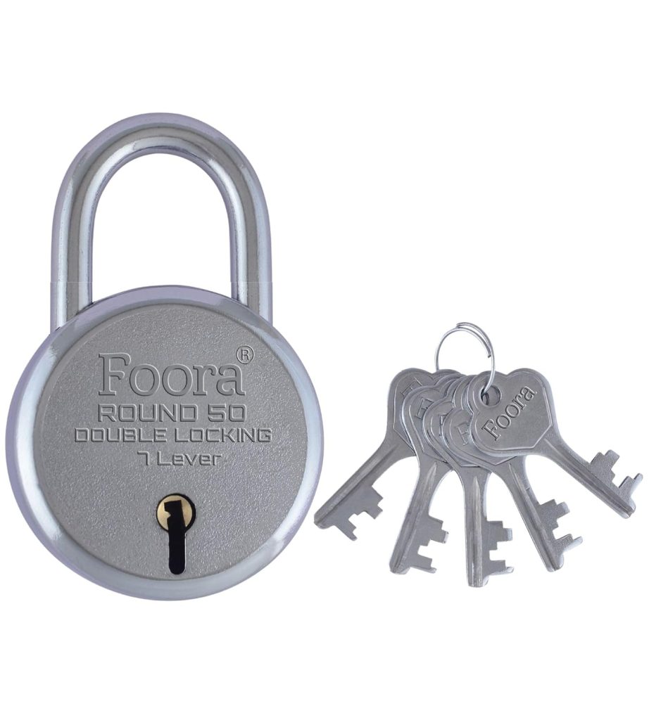 Foora Round 50mm Lock with 5 Keys, Double Locking, 7 Lever Small Padlock – Ideal for Home, Gate, and Door Security