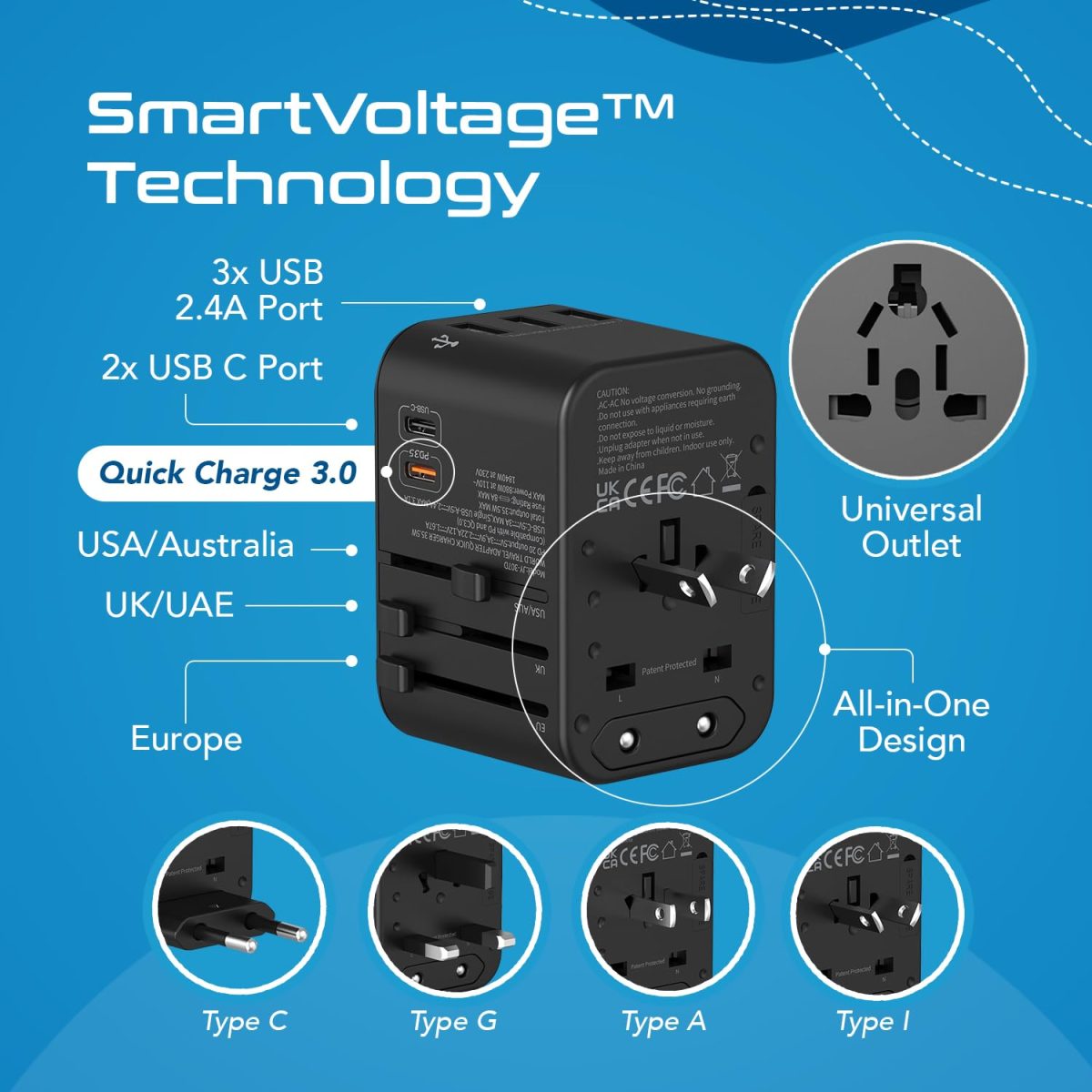 Ceptics Universal Charger Adapter, 35W 6 in 1 International Travel Adapter, Universal Plug Socket with 10 Years Warranty, PD/QC 3.0, 1x USB-C, 3 USB Fast Charging, Worldwide Travel Adapters. - Image 4