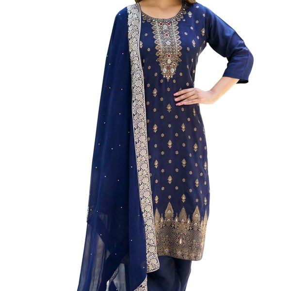VredeVogel Women's Viscose Rayon Silk Kurta with Pant and Chiffon Dupatta Set