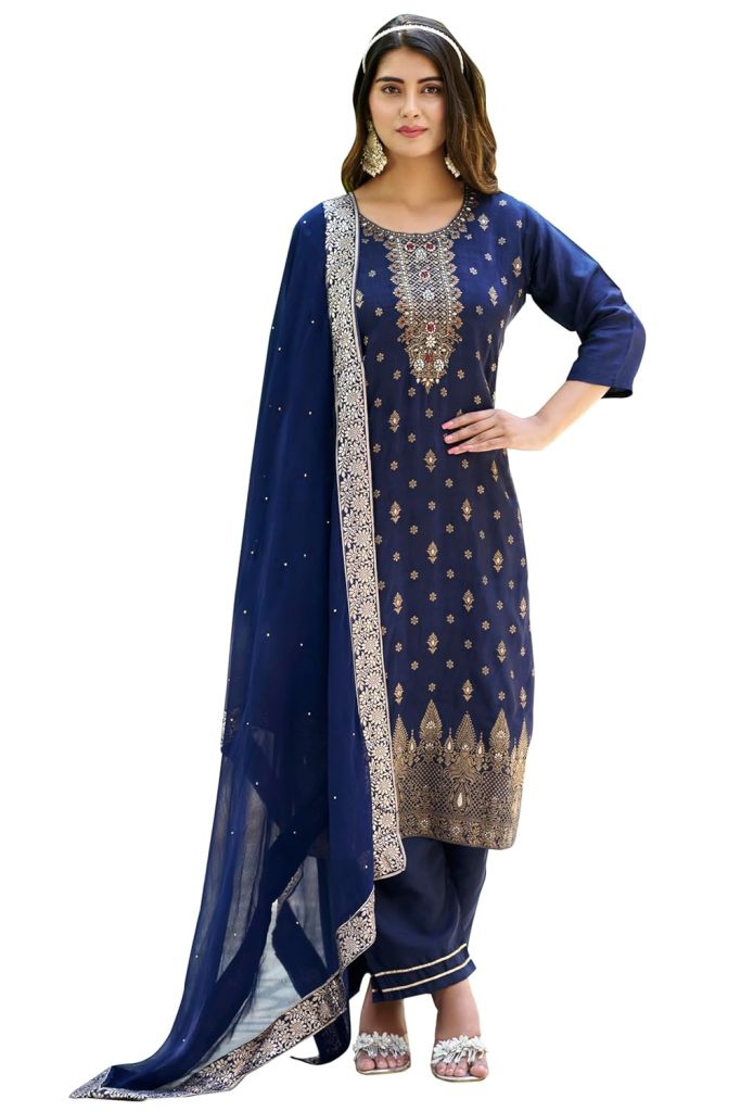 VredeVogel Women's Viscose Rayon Silk Kurta with Pant and Chiffon Dupatta Set