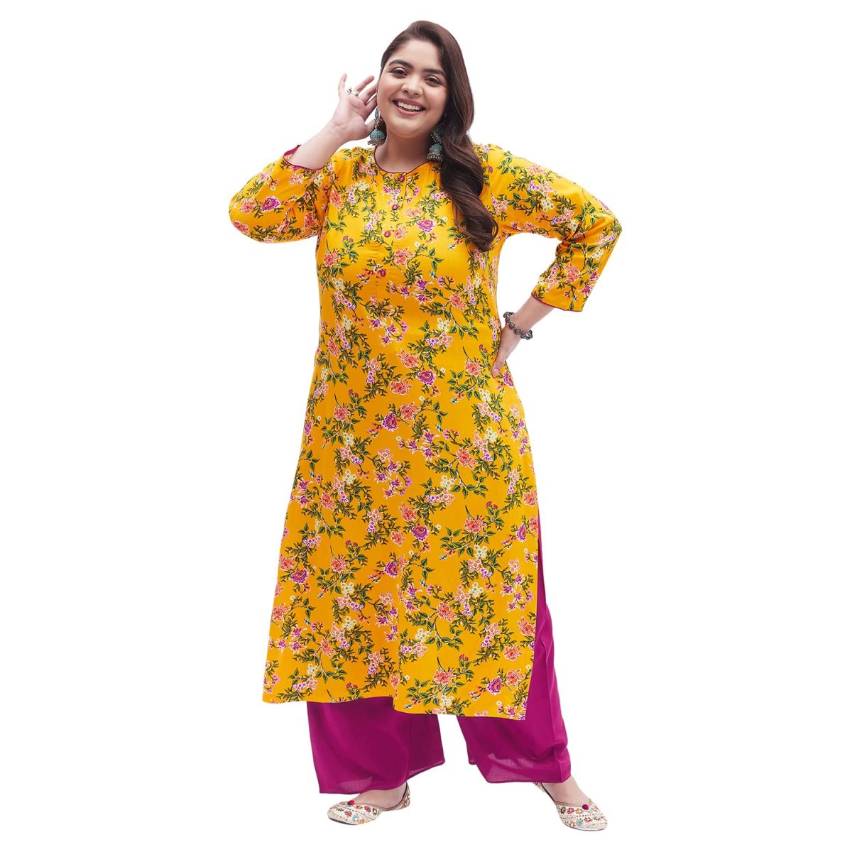 Tissu Plus Women's Yellow & Pink Printed Kurta with Palazzo