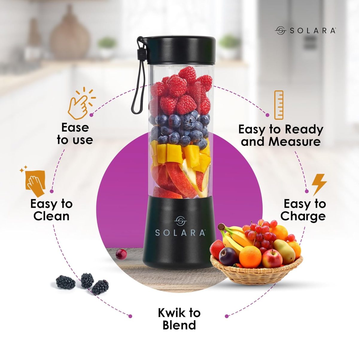 SOLARA Blendkwik Portable Blender for Juices, Shakes, Smoothies, Crushing Ice, USB Rechargeable Battery with 4000 mAh 180Watts Motor,450ml, Black Knight - Image 6