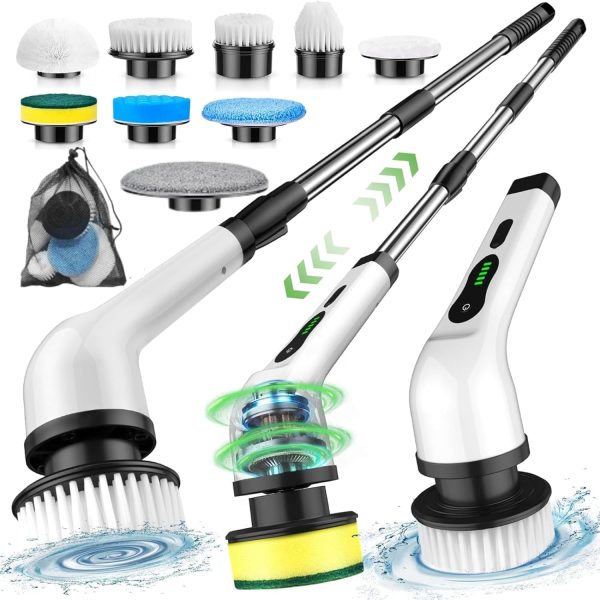 COFENDY Electric Spin Scrubber,Cleaning Brush Scrubber for Home, 400RPM/Mins-9 Replaceable Brush Heads-90Mins Work Time,Adjustable Size,2 Adjustable Speeds for Bathroom Shower (White)