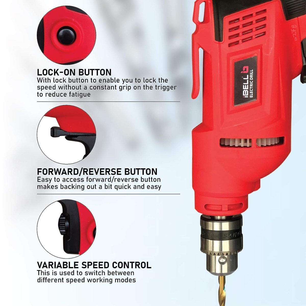 IBELL Electric Drill ED06-91, 400W, Copper Armature, 2800 RPM, Chuck 10 mm Forward/Reverse for Wood & Metal Work with Variable Speed Control - Image 6