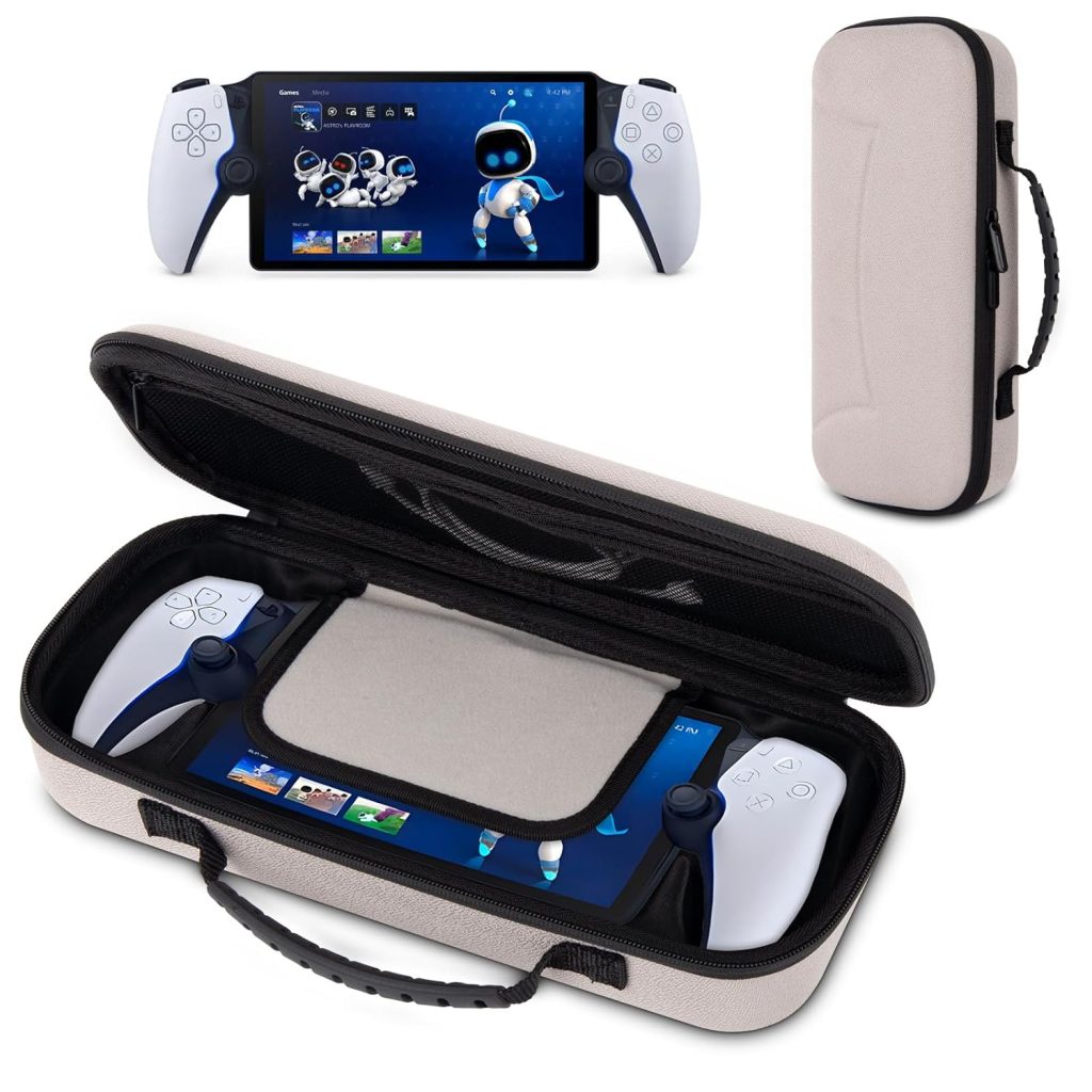 wonlince Hard Carrying Case for Sony PS5 Playstation Portal，Scratch-resistant portable organizer with mesh pocket，Stylish design for traveling，Off White
