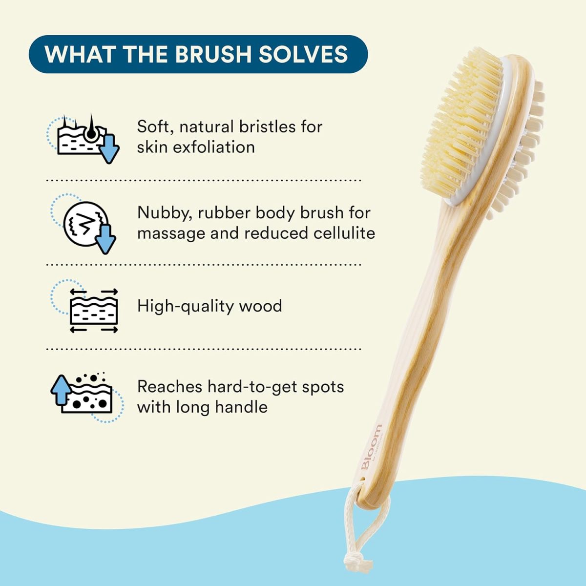 Bloom 2-in-1 Long Handle Body Brush | For Skin Exfoliation and Massage | Reduces Cellulite | Stimulates Blood Circulation & Reduces Dead Skin Cells | Natural, Soft Bristles | (1 unit) - Image 4