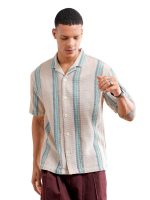The Indian Garage Co Men's Cotton Relaxed Fit Striped Half Sleeves Cuban Collar Resort Wear Shirt