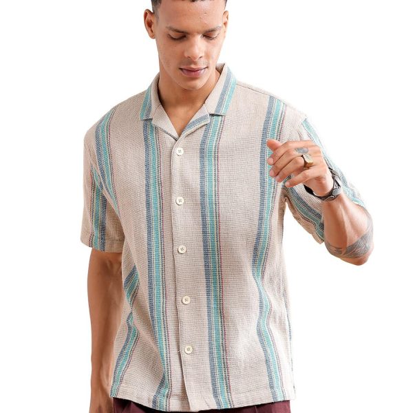 The Indian Garage Co Men's Cotton Relaxed Fit Striped Half Sleeves Cuban Collar Resort Wear Shirt