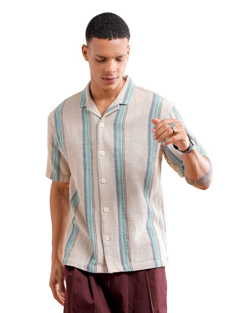 The Indian Garage Co Men's Cotton Relaxed Fit Striped Half Sleeves Cuban Collar Resort Wear Shirt