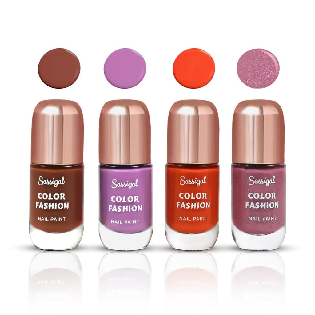 Sassigal Color Fashion Nail Paint Set 4 Shades | High Shine, Glossy Finish | Quick-Dry, (11ml Each) (Brown, Purple, Orange, Pink Shimmer, 11Ml)