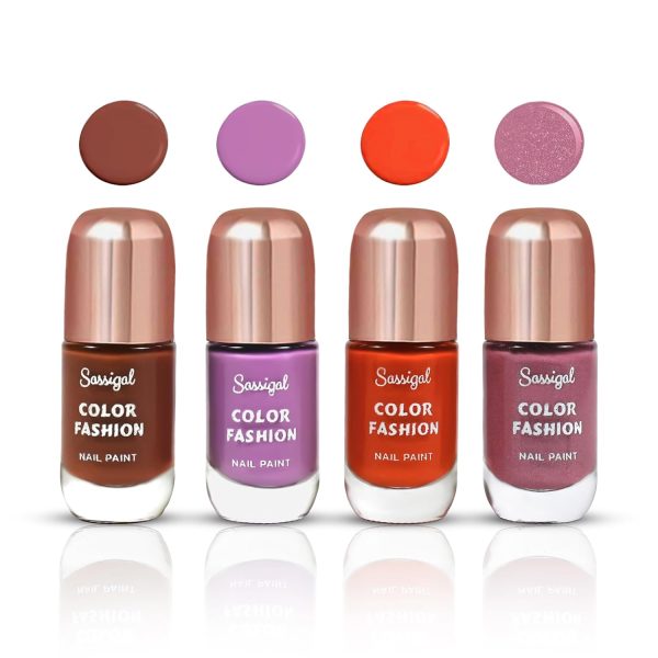 Sassigal Color Fashion Nail Paint Set 4 Shades | High Shine, Glossy Finish | Quick-Dry, (11ml Each) (Brown, Purple, Orange, Pink Shimmer, 11Ml)