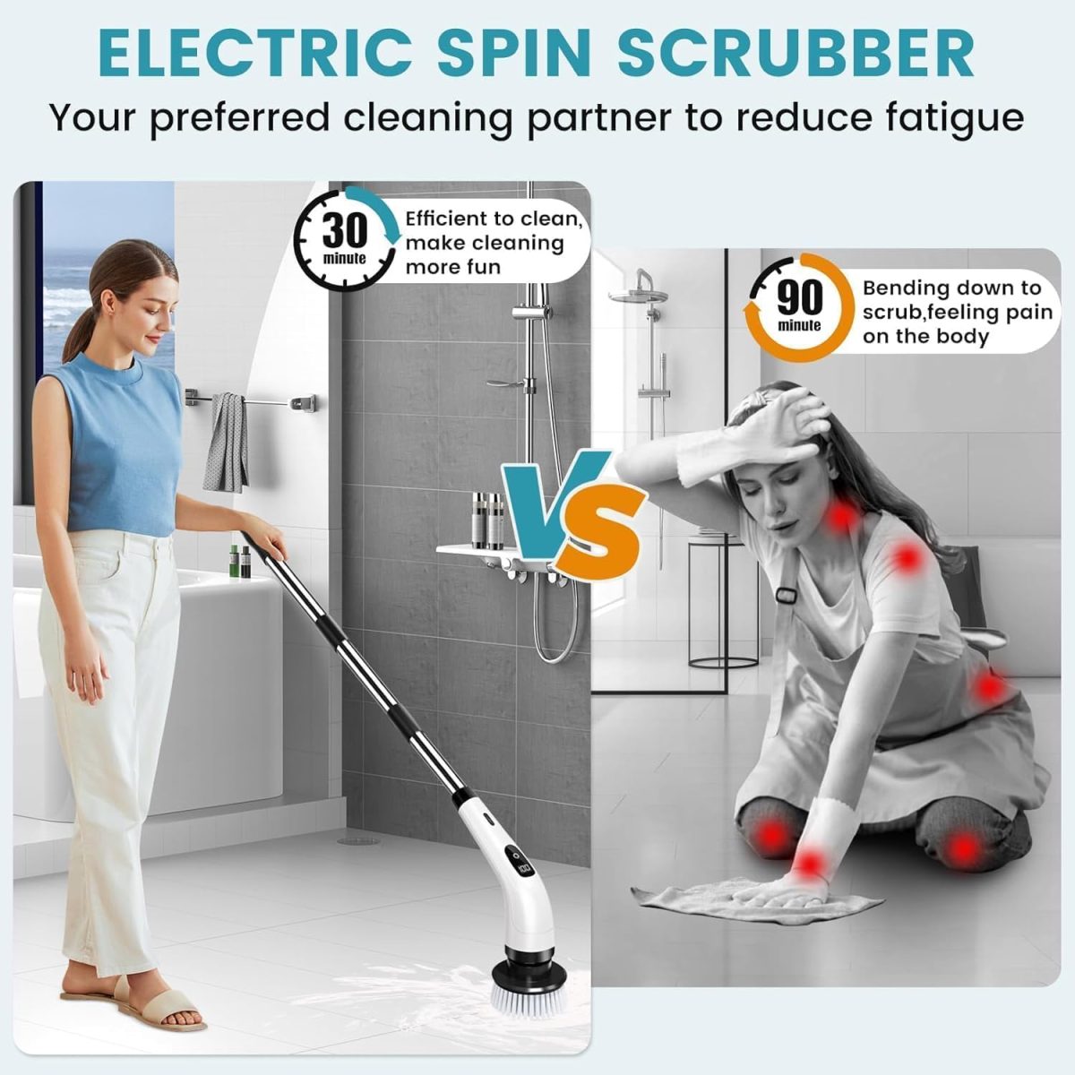 COFENDY Electric Spin Scrubber,Cleaning Brush Scrubber for Home, 400RPM/Mins-9 Replaceable Brush Heads-90Mins Work Time,Adjustable Size,2 Adjustable Speeds for Bathroom Shower (White) - Image 4