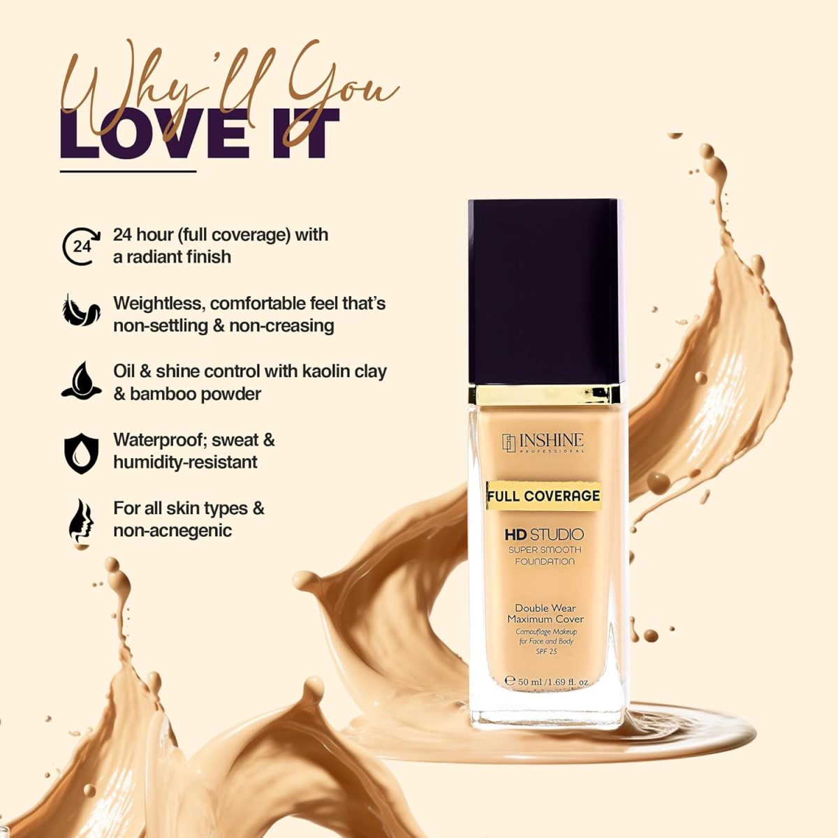 INSHINE 24-Hour Full Coverage Foundation – Lightweight, Waterproof, Oil Control, Sweat & Humidity-Resistant with Non-Cakey Matte Finish - Warm Nude - Image 2