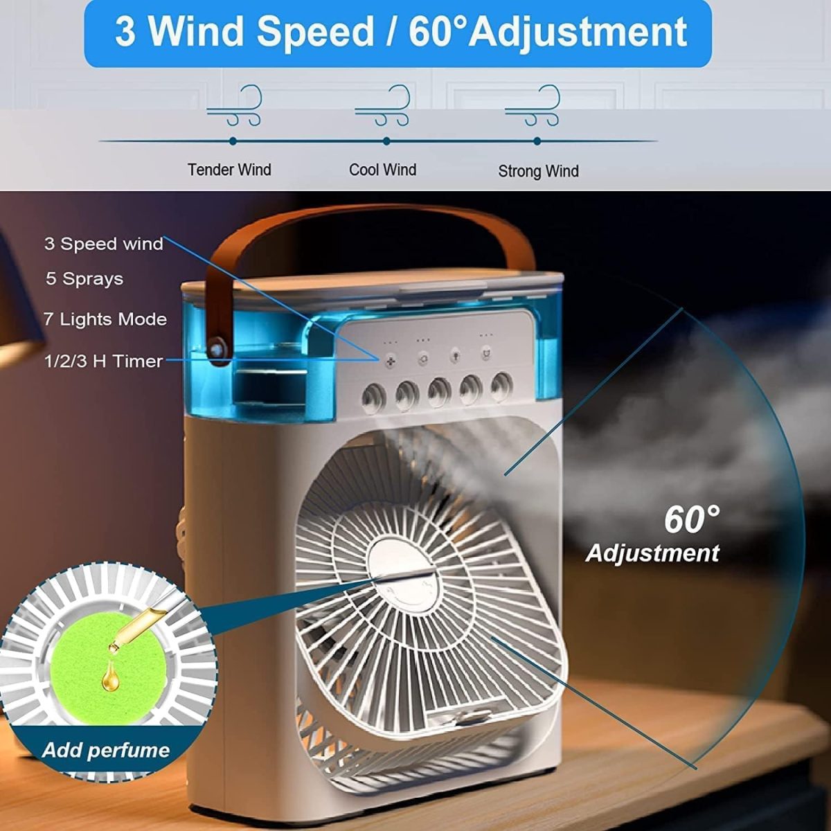 DPM Portable Air Conditioner Fan, Mini Evaporative Air Cooler with 7 Colors LED Light, 1/2/3 H Timer, 3 Wind Speeds, and 3 Spray Modes for Office, Home, Dorm, Travel Portable Air Conditioners - Image 4