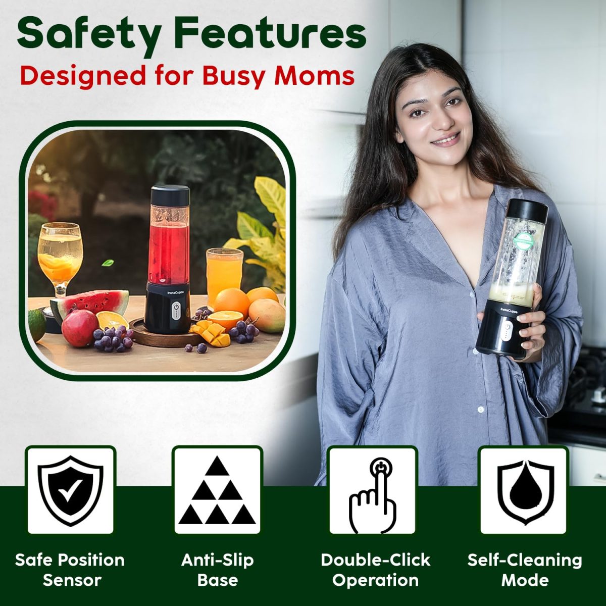 InstaCuppa Portable Blender for Smoothies and Juices, Mixer Juicer that Crushes Ice, Electric Shaker USB Rechargeable Battery with 4000 mAh 230 Watts Motor, 500 ML Juice Maker for Busy Moms - Image 7