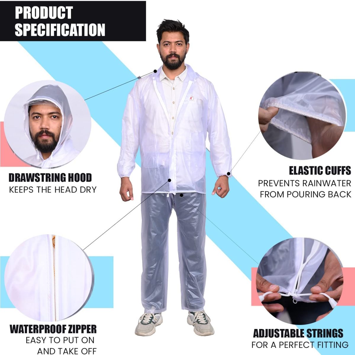 HACER Crystal Men Raincoat Water Resistant Rain Coat with Adjustable Hood Drawstring Hem Set of Top & Bottom with Carrying Pouch (XXL Size, Transparent) - Image 3