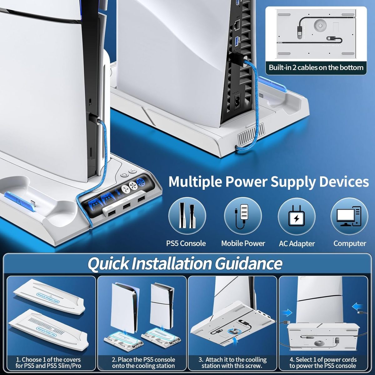 KDD PS5/PS5 Slim Stand with Auto Turbofan, 3-Level Cooling Fans, RGB Lights, Accessories for PS5 2023 Slim & 2020 Digital/Disc Consoles - Image 6