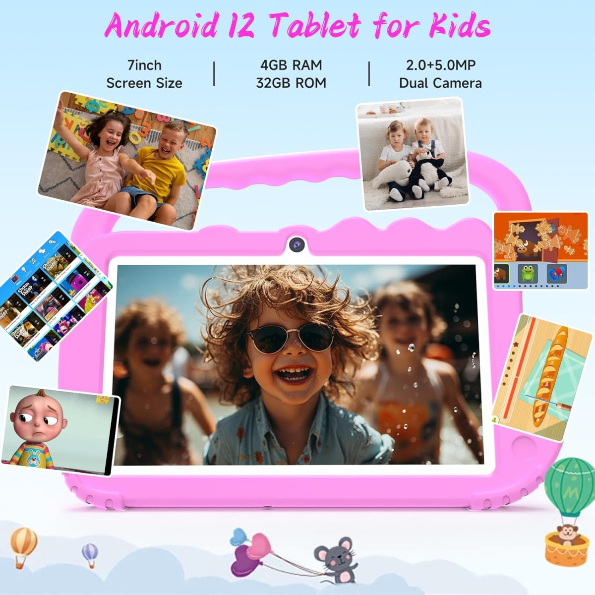 YQSAVIOR Kids Tablet, 7 Inch 4GB RAM | Android 12 | 32GB ROM | Bluetooth, IPS Screen, Parental Control, Dual Camera, Shockproof Case | Educational Gaming, Pink Case - Image 3