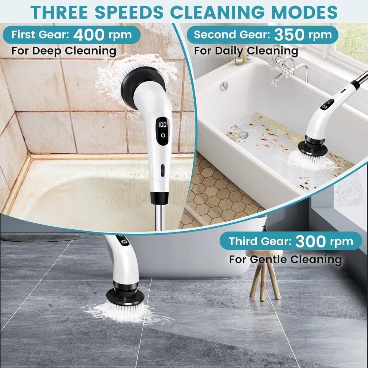 COFENDY Electric Spin Scrubber,Cleaning Brush Scrubber for Home, 400RPM/Mins-9 Replaceable Brush Heads-90Mins Work Time,Adjustable Size,2 Adjustable Speeds for Bathroom Shower (White) - Image 9