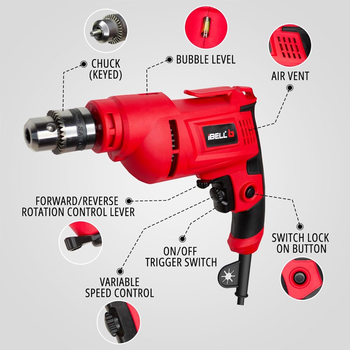 IBELL Electric Drill ED06-91, 400W, Copper Armature, 2800 RPM, Chuck 10 mm Forward/Reverse for Wood & Metal Work with Variable Speed Control - Image 2