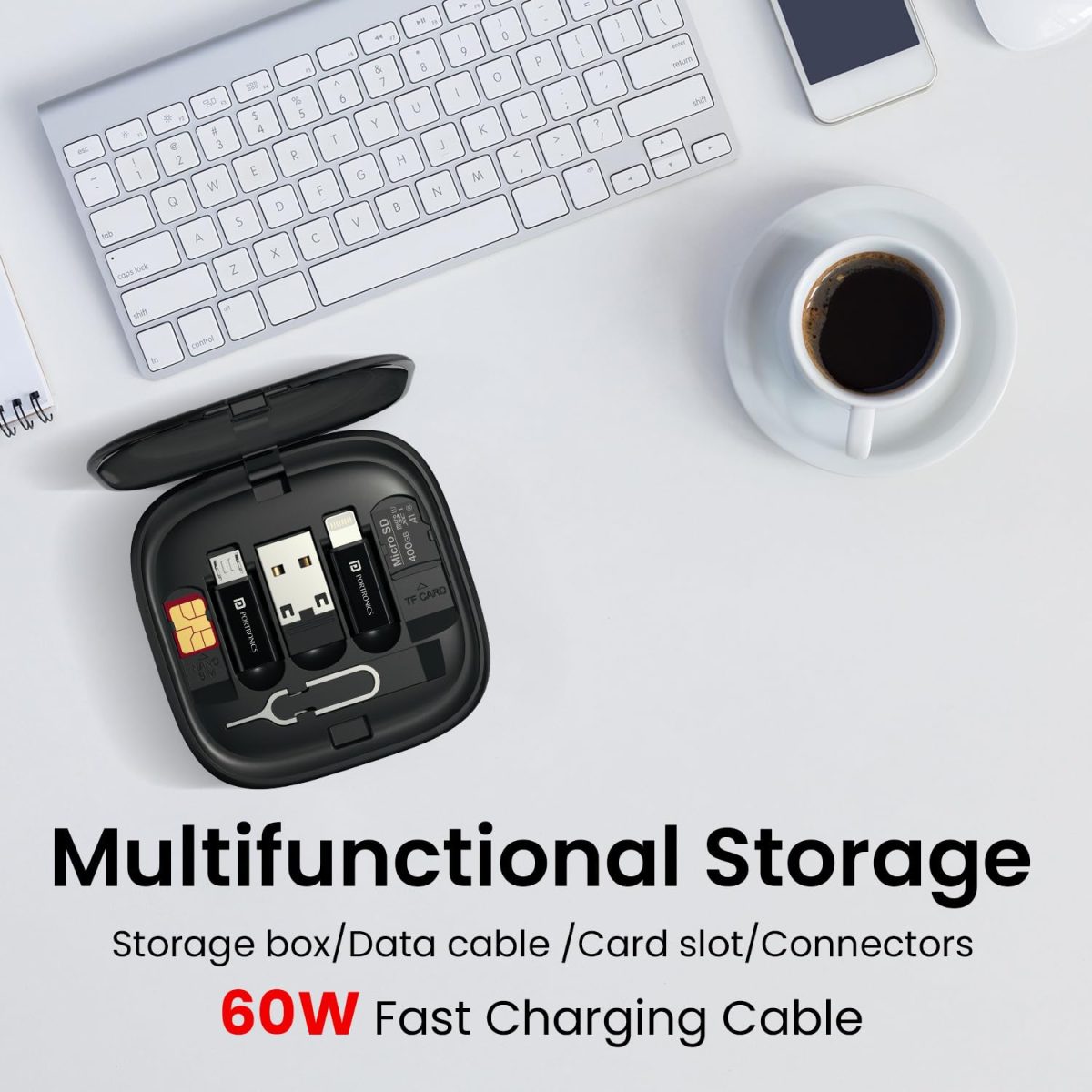 Portronics Snapcase 2 60W Multifunctional Fast Charging Data Cable Kit With Retractable Cable, Conversion Set USB A & Type C to Male Micro/Lightning,Sim Storage,Sim Eject Pin - Image 4