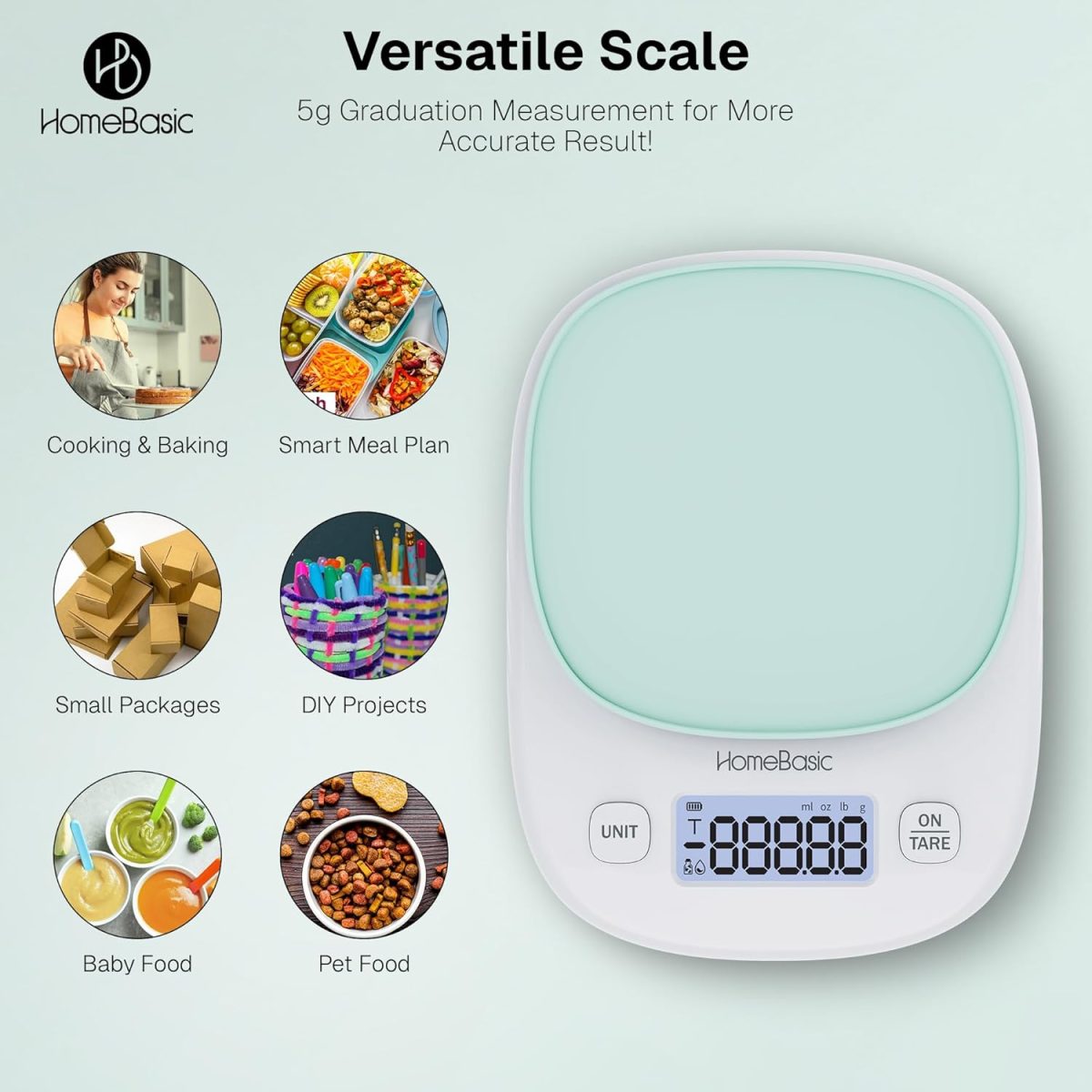 HOMEBASIC Digital Kitchen Weighing Scale 5Kg, High-Precision 0.1g Accuracy | LCD Display, Tare Function, Multi-Units (g, oz, lb, ml) Portable Weight Machine Food Scale for Cooking Baking Diet (Green) - Image 3