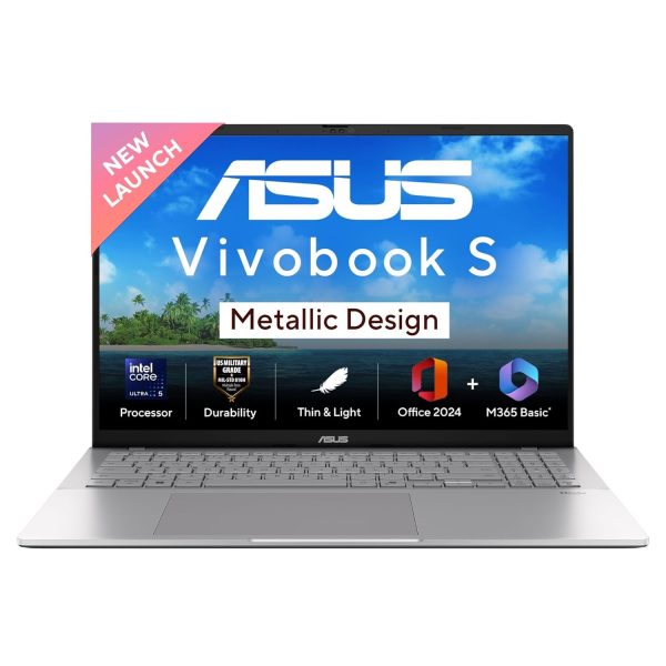 ASUS Vivobook S16, Intel Core Ultra 5 225H, Metallic Design Laptop (Intel iGPU/16GB RAM/512GB SSD/FHD+/16"/144Hz/Windows 11/M365 Basic (1Year)*/Office Home 2024/Cool Silver/1.7 Kg) S3607CA-RP065WS