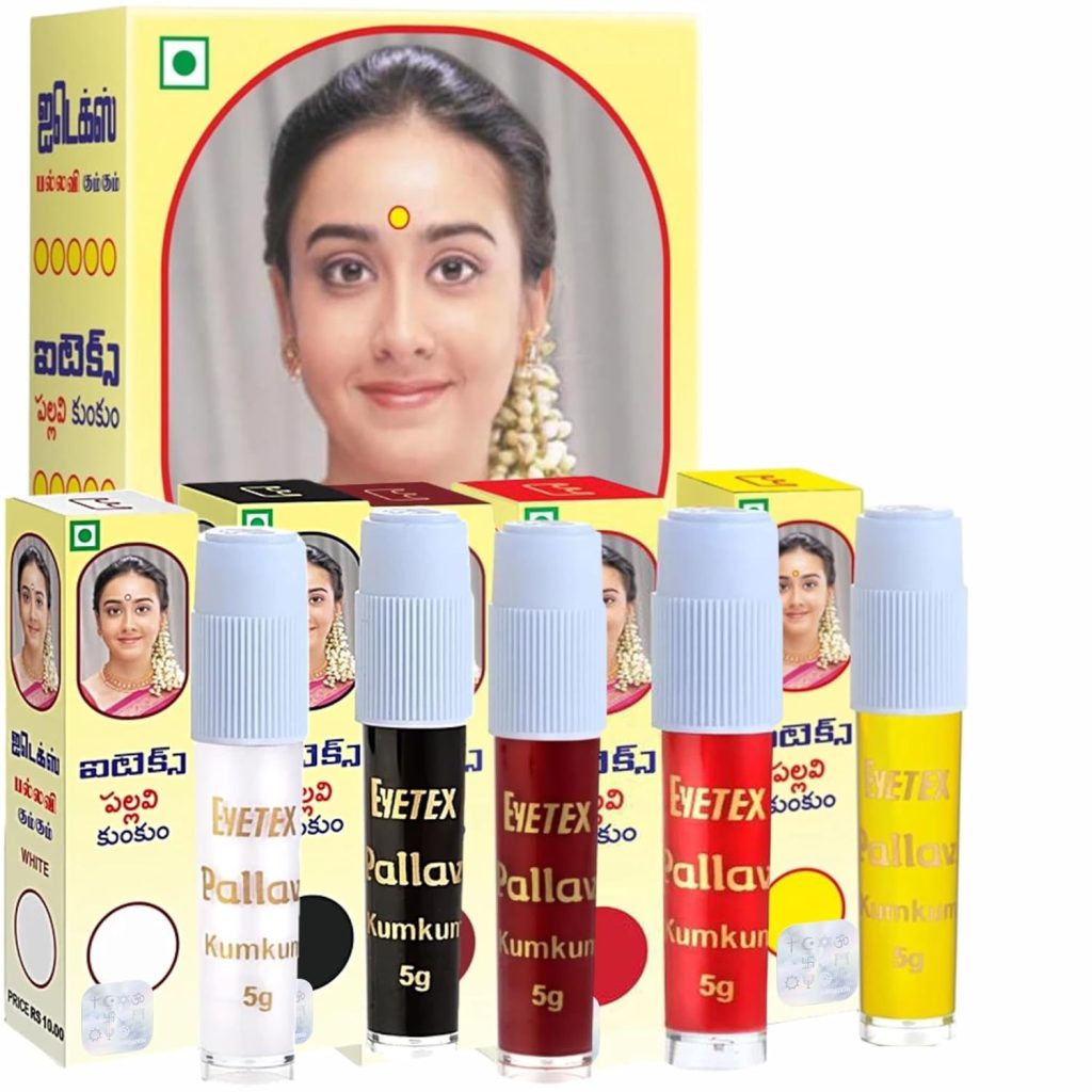 Eyetex Pallavi Liquid Kumkum, 4.5g (Pack of 5 ) Eyetex Pallavi Multicolor Liquid Bindi 🔴 Red ⚫ Black ⚪ White 🟡 Yellow 🟤 Maroon 5 liquid bindi pack 5 diffrent colors