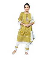 ishin Women's Cotton Olive & Off White Embroidered A-Line Kurta set With Trouser and Dupatta