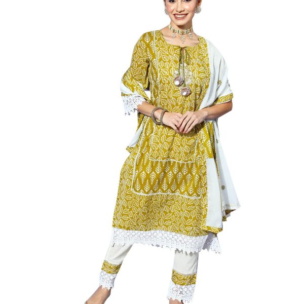 ishin Women's Cotton Olive & Off White Embroidered A-Line Kurta set With Trouser and Dupatta