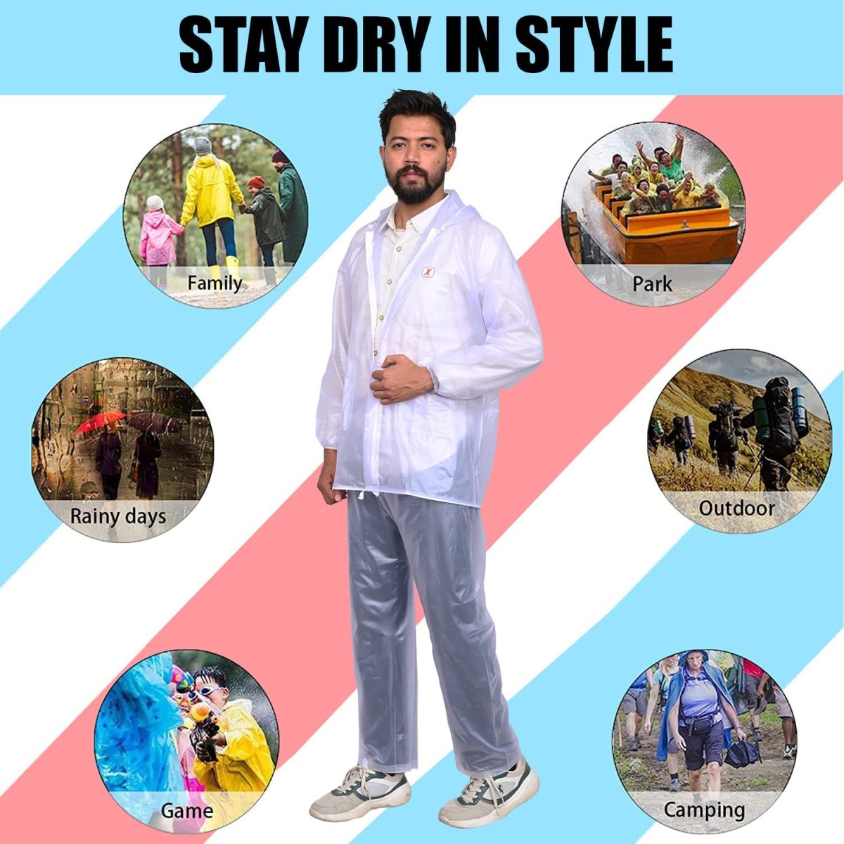 HACER Crystal Men Raincoat Water Resistant Rain Coat with Adjustable Hood Drawstring Hem Set of Top & Bottom with Carrying Pouch (XXL Size, Transparent) - Image 4